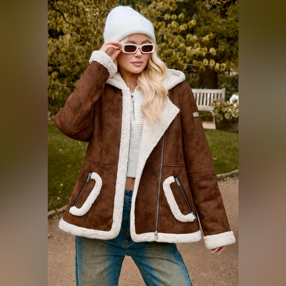 UGG Koolaburra Suede Fur Trim Hooded Shearling Jacket Zip Up Coat